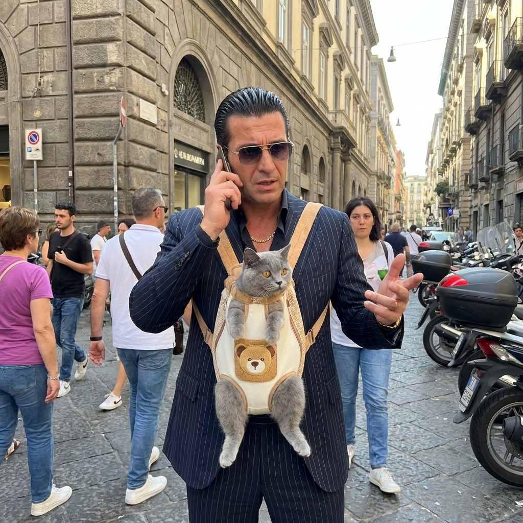 Man in a pinstripe suit wearing the Consigliere Carrier with a grey cat