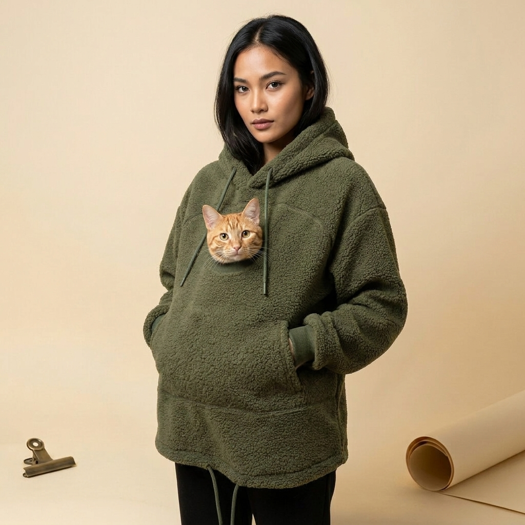 Woman wearing the olive Underboss Carrier with an orange cat in its front pouch